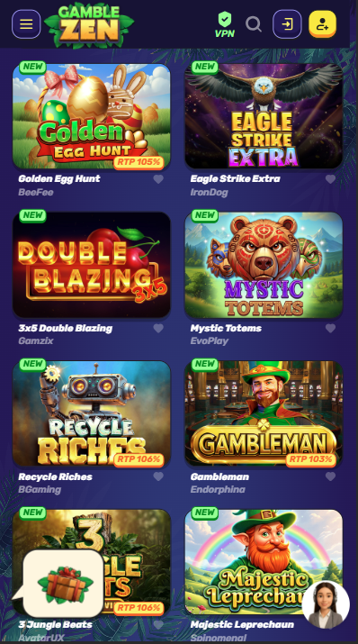 Gamblezen Casino Übersicht mit Menü, Spielen und Werbebannern