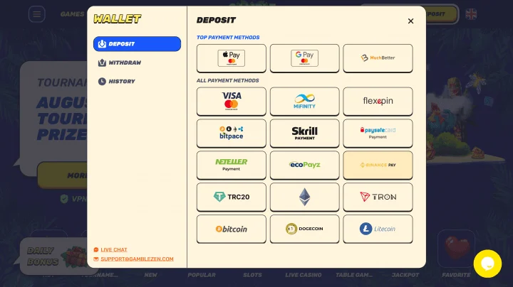 Spielansicht im Gamblezen Casino mit Slot-Oberfläche und Benutzerkontrollen
