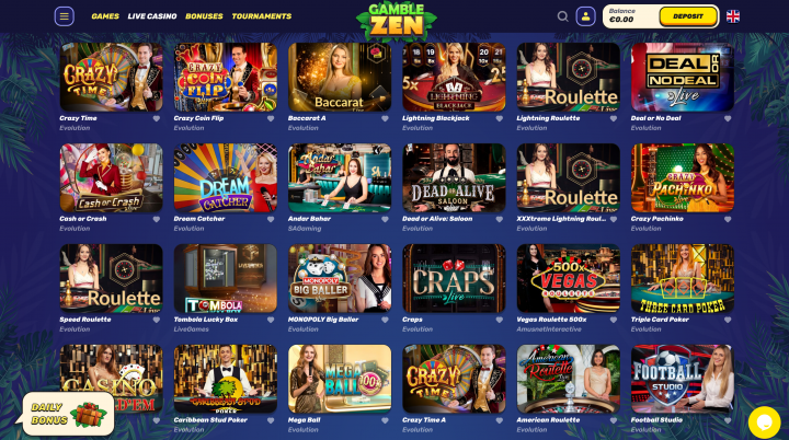 Spieleanbieter im Gamblezen Casino mit Logos bekannter Studios und tropischem Farbschema